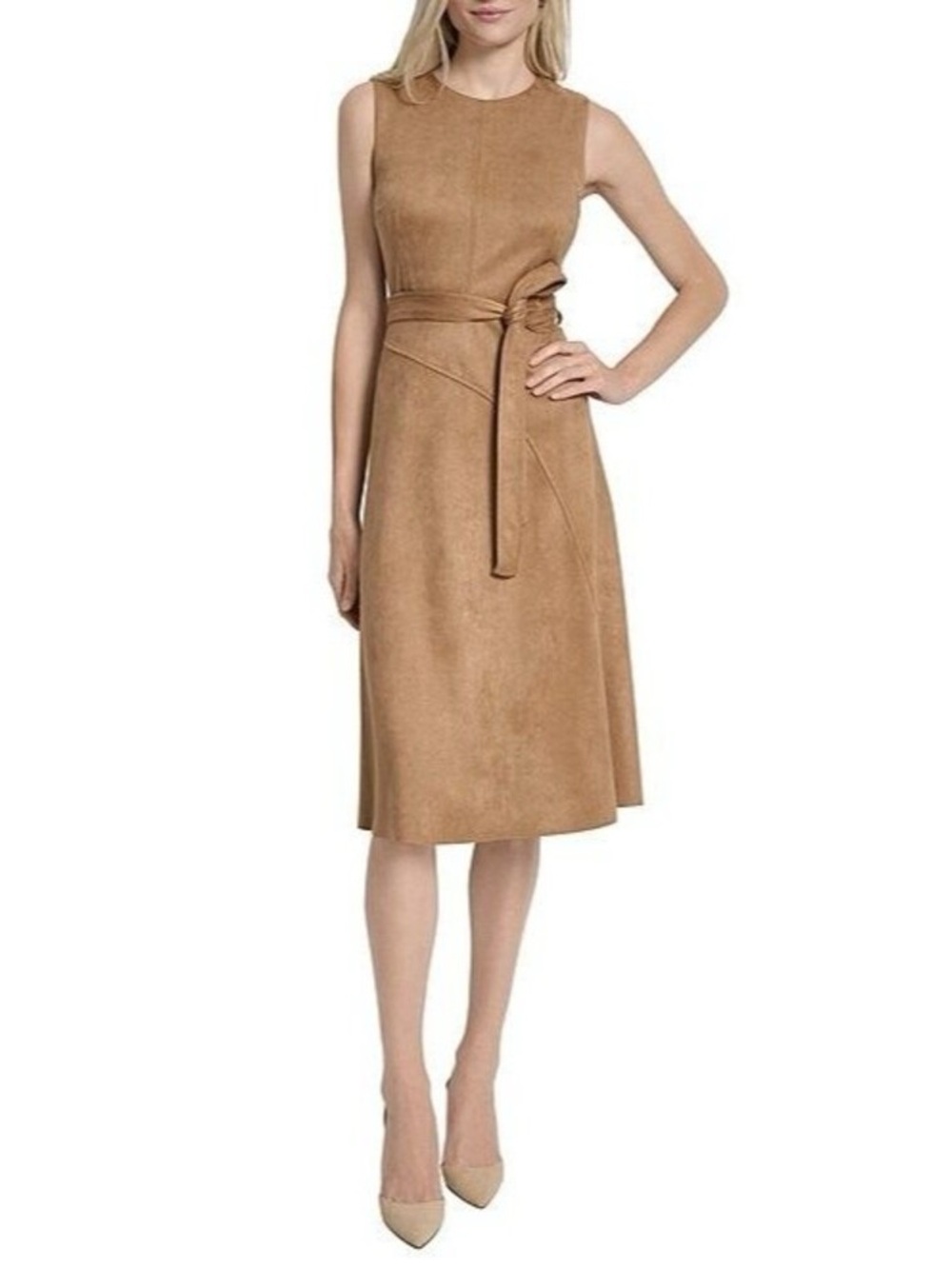 NWT DKNY Sleeveless Faux Suede Belted Midi Dress in Tan Size 4